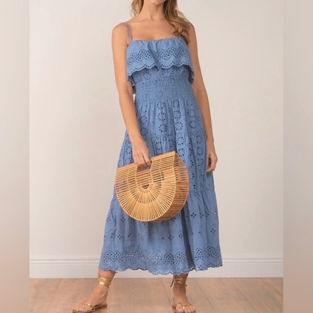 Une Ame Size Large Eyelet Midi Dress Blue Boho Smocked Tiered Cotton Cottagecore